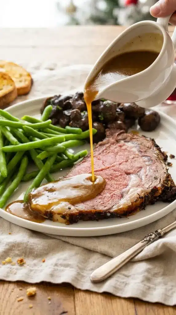 Butter and Garlic Crusted Prime Rib with rich homemade beef gravy pouring over tender slices and golden herb crust.