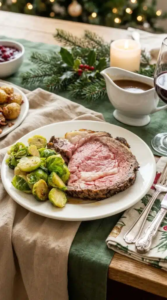 Butter and Garlic Crusted Prime Rib with tender pink beef, golden herb crust, and roasted Brussels sprouts.