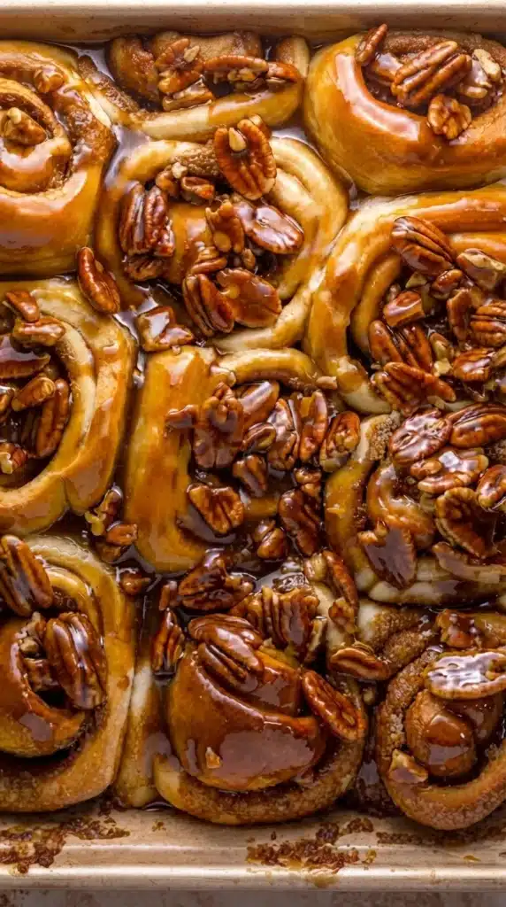 Butter Pecan Cinnamon Buns topped with glossy caramel glaze and crunchy toasted pecans