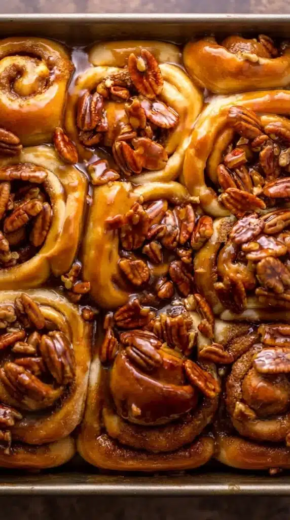Butter Pecan Cinnamon Buns with glossy caramel sauce and crunchy toasted pecans