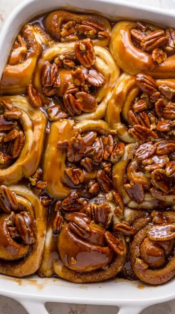 Butter Pecan Cinnamon Buns with soft fluffy centers, glossy caramel sauce, and toasted pecans