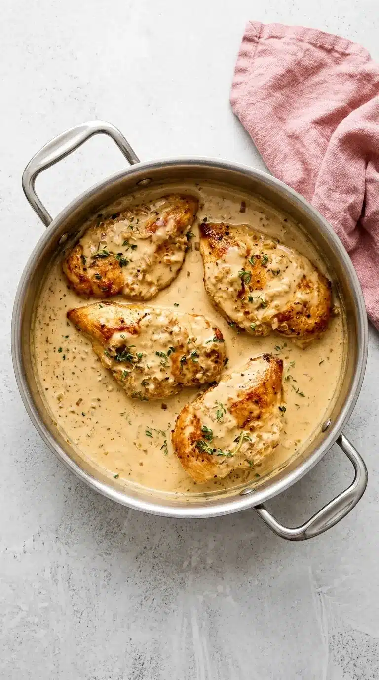 Chicken Dijon with golden chicken breasts in creamy mustard sauce, shallots, and fresh thyme