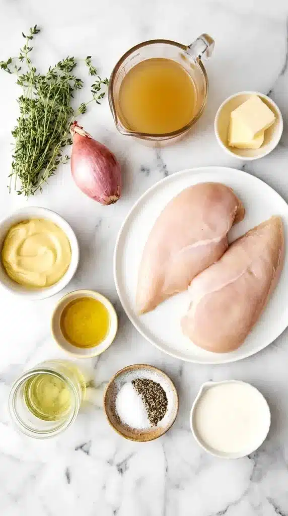 Chicken Dijon ingredients with chicken breasts, Dijon mustard, cream, shallots, thyme, and white wine