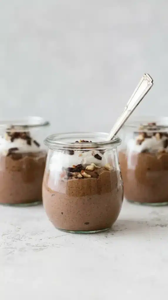 Chocolate chia pudding mousse in a glass jar topped with whipped cream and chopped nuts