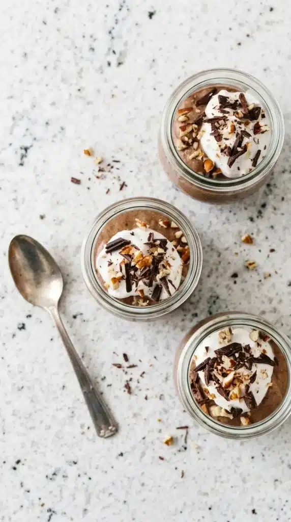 Chocolate Chia Pudding Mousse Recipe : Easy Rich Dessert 5 Chocolate Chia Pudding Mousse jars topped with whipped cream, chocolate shavings, and pecans