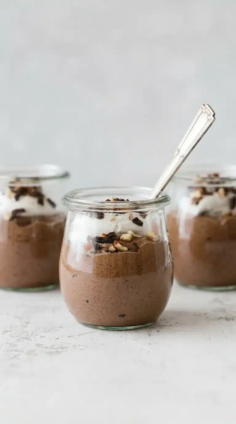 Chocolate chia pudding mousse in a glass jar topped with whipped cream and chopped nuts