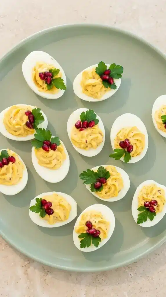 Christmas Deviled Eggs: Easy, Beautiful Holiday Bites 2 Christmas Deviled Eggs with creamy yolk filling, fresh parsley and red pomegranate seeds on a serving platter