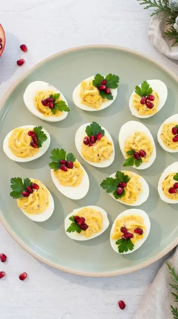 Christmas Deviled Eggs: Easy, Beautiful Holiday Bites 4 Christmas Deviled Eggs with creamy yolk filling, fresh parsley and ruby red pomegranate seeds on a festive platter