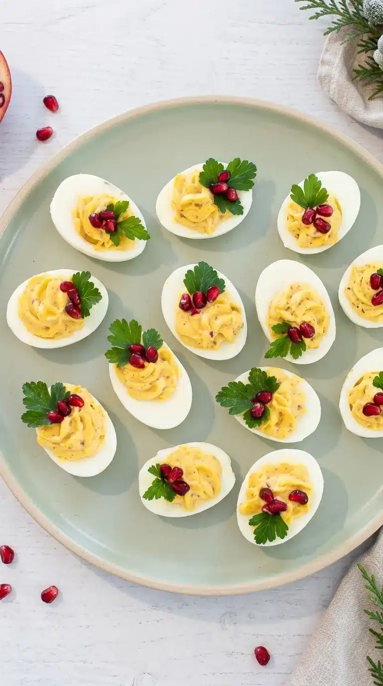 Christmas Deviled Eggs with creamy yolk filling, fresh parsley and ruby red pomegranate seeds on a festive platter