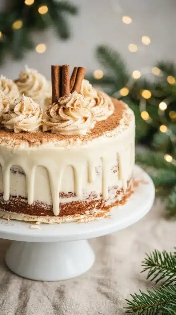 Healthy Christmas Spice Cake with Eggnog Buttercream, cinnamon dusting, creamy frosting drips, and soft cake layers