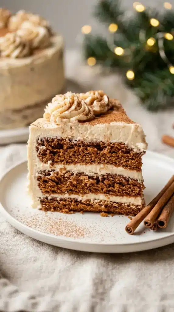 Healthy Christmas Spice Cake with Eggnog Buttercream slice showing soft cinnamon layers and creamy frosting