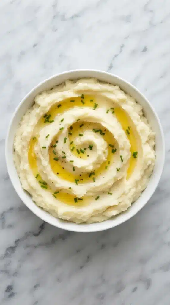 Creamy Buttery Mashed Potato topped with melted butter, fresh chives, and black pepper in a ceramic bowl.