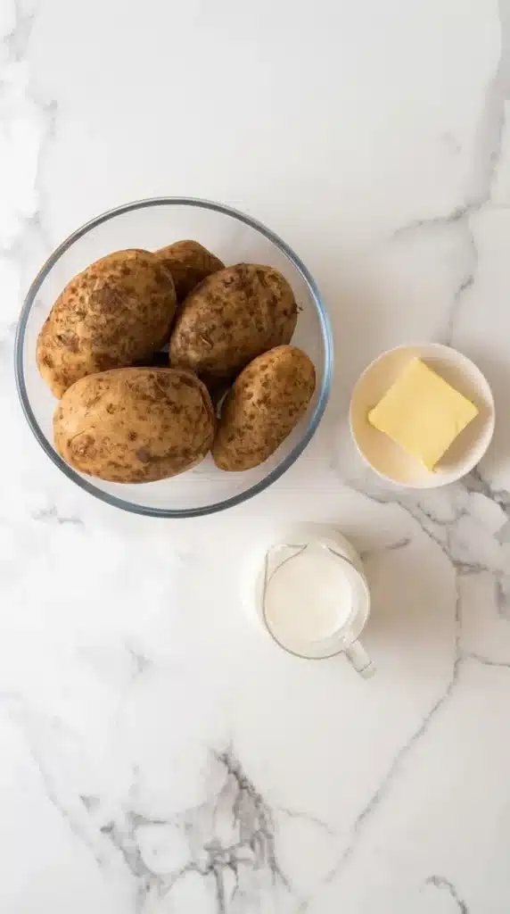 Potatoes, butter, and milk for a creamy buttery mashed potato recipe arranged on a rustic kitchen table.