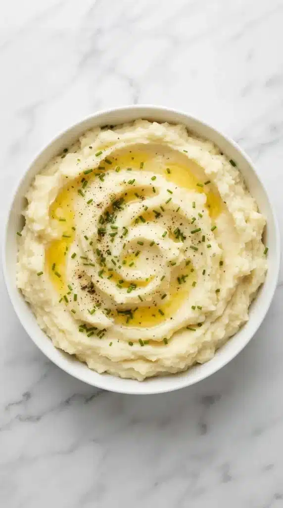 Creamy buttery mashed potatoes with melted butter, fresh chives, and black pepper in a rustic ceramic bowl.