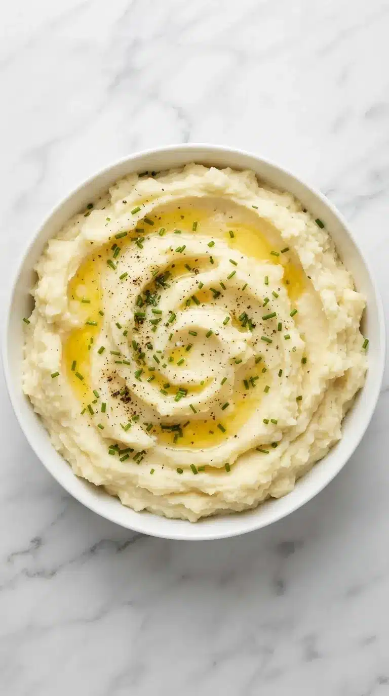 Creamy buttery mashed potatoes with melted butter, fresh chives, and black pepper in a rustic ceramic bowl.
