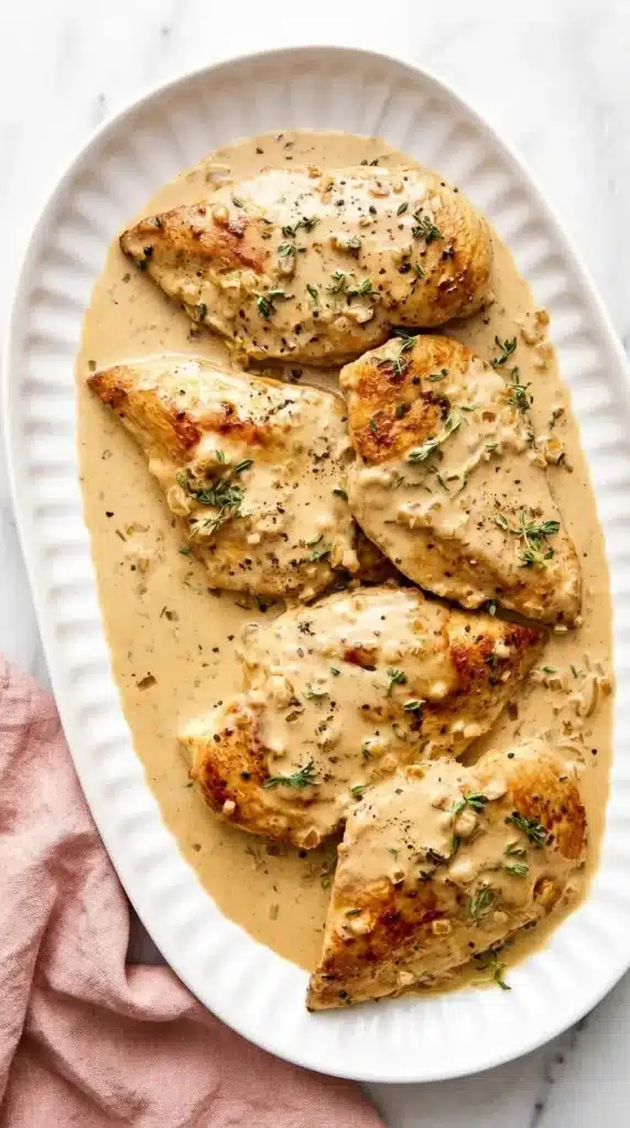 Chicken Dijon with golden chicken breasts in creamy mustard sauce, garnished with fresh thyme on a serving platter