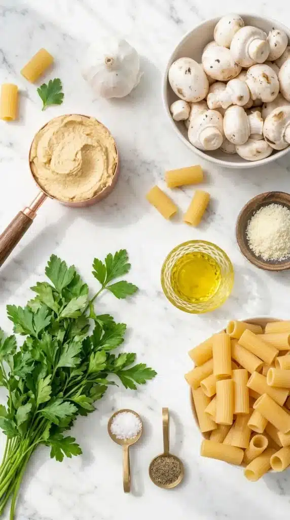 Creamy Hummus Pasta ingredients with mushrooms, hummus, rigatoni, parsley, garlic, and olive oil