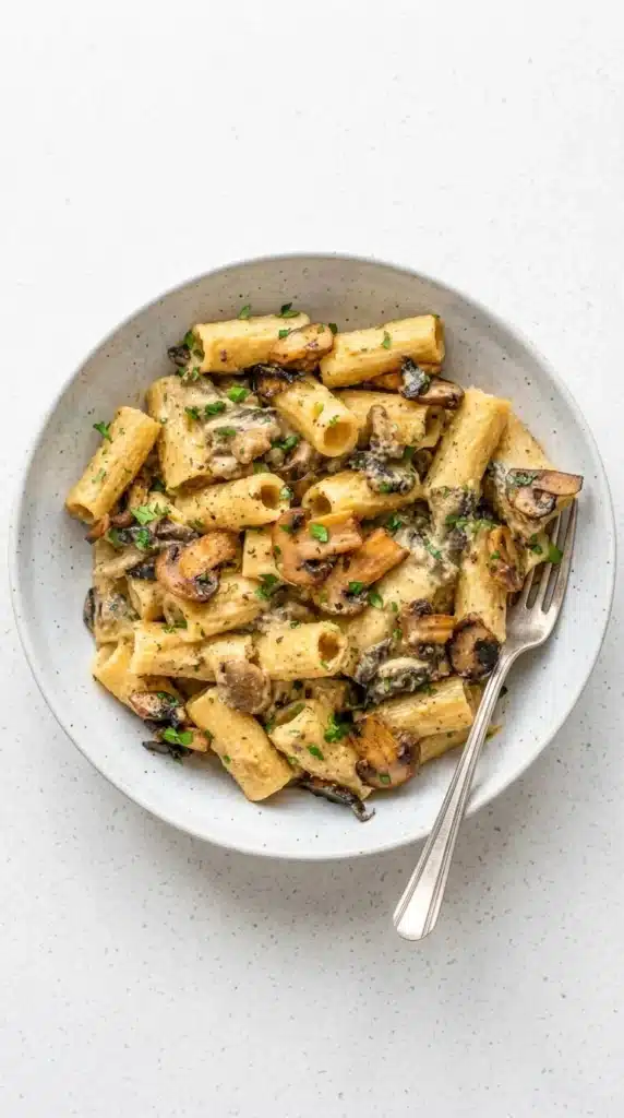 Creamy Hummus Pasta with mushrooms, rigatoni, and fresh parsley