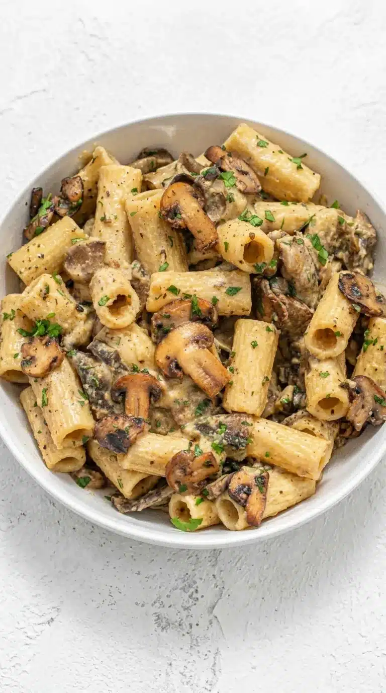 Creamy Hummus Pasta with mushrooms in a bowl topped with fresh parsley