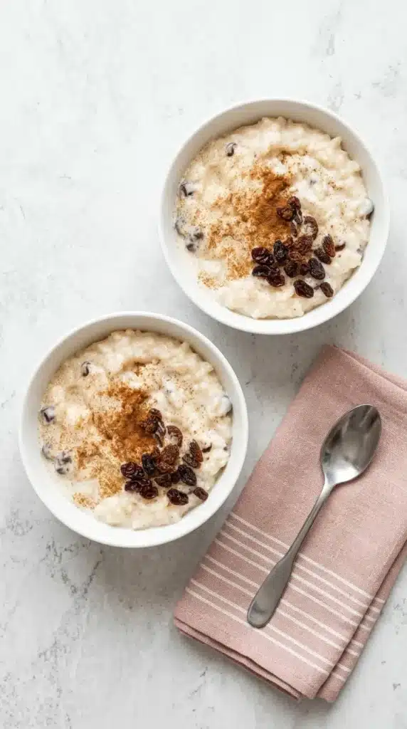 Creamy Rice Pudding with raisins and cinnamon served in a rustic ceramic bowl