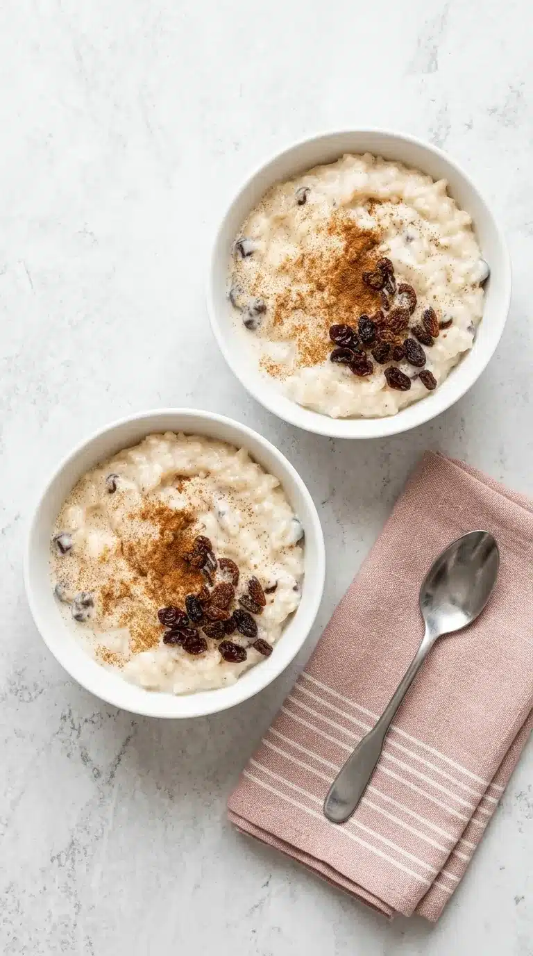 home 7 Creamy Rice Pudding with raisins and cinnamon served in a rustic ceramic bowl