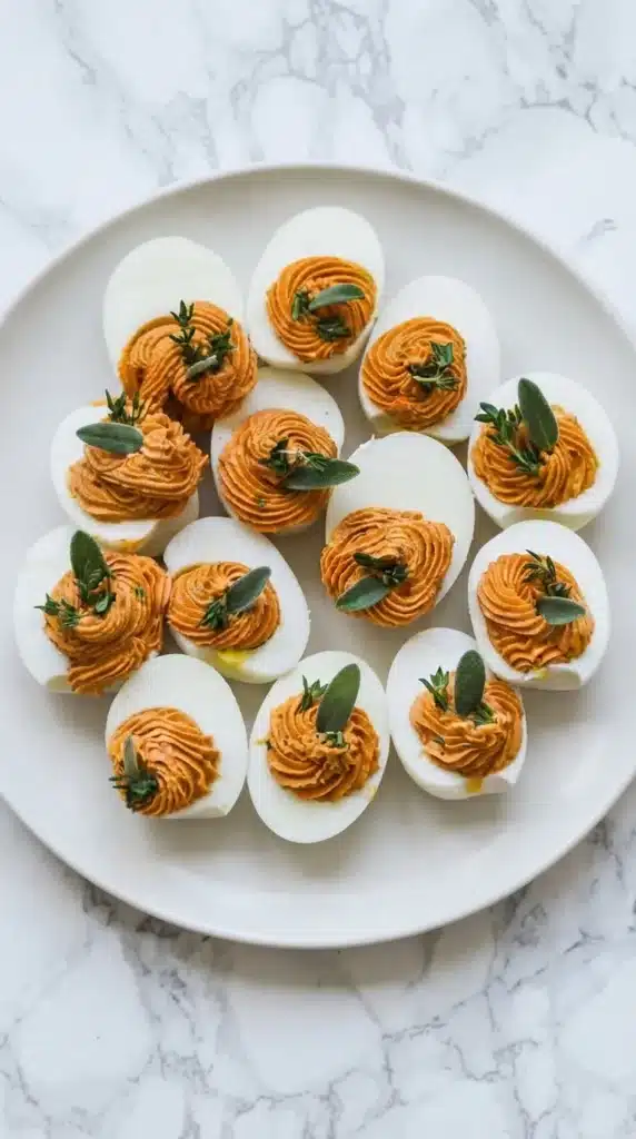 Thanksgiving Appetizer Deviled Eggs : Easy Holiday Magic 5 Thanksgiving Appetizer Deviled Eggs with creamy paprika filling and fresh herbs on a platter