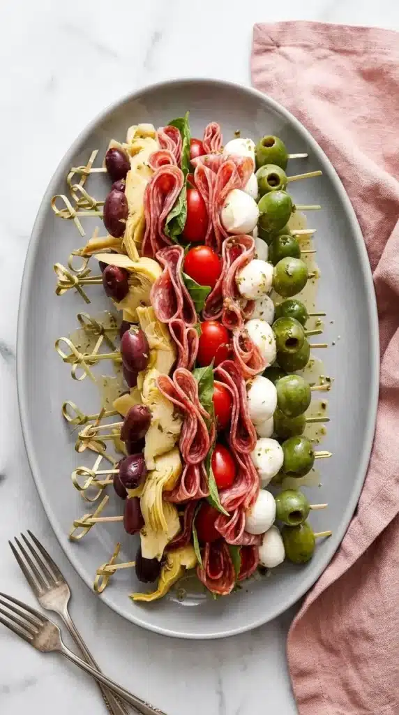 Antipasto Skewers with salami, mozzarella, olives, tomatoes, basil, and artichokes on a serving platter