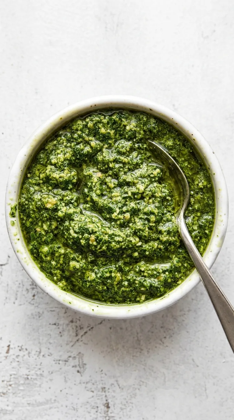 Fresh homemade basil pesto in a ceramic bowl with olive oil, pine nuts, Parmesan cheese, and basil leaves.