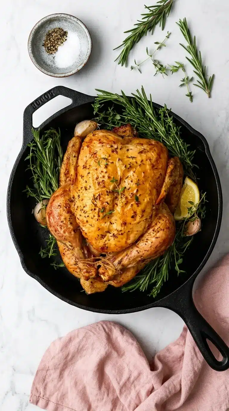 Easy Roast Chicken with golden crispy skin, fresh herbs, and Italian seasoning in a cast-iron skillet.