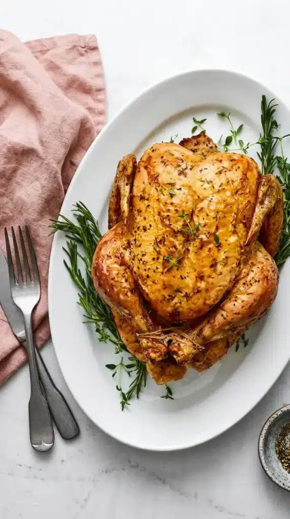 Easy Roast Chicken with crispy golden skin, fresh rosemary, and thyme on an oval serving platter.