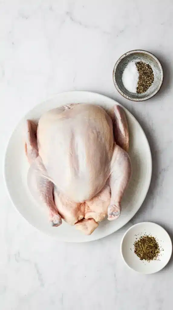 Easy Roast Chicken ingredients with whole raw chicken, olive oil, Italian seasoning, salt, and pepper.