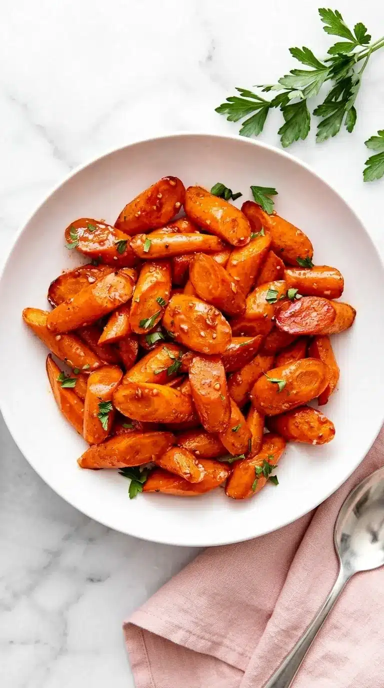 Easy Thanksgiving Honey Glazed Carrots with golden caramelized edges and fresh parsley in a ceramic bowl