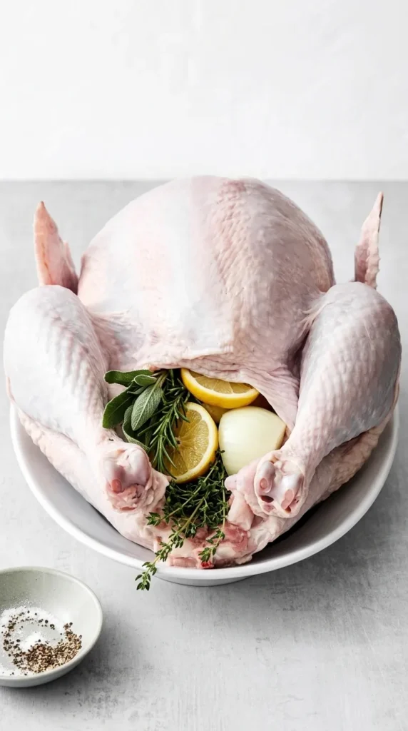 Easy Thanksgiving Turkey Recipe: Amazing Juicy Feast 8 Easy Thanksgiving Turkey Recipe showing raw turkey stuffed with fresh herbs, lemon wedges, and onion