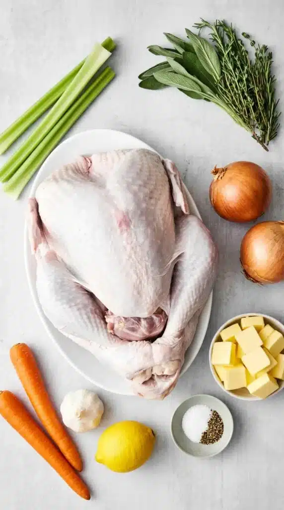 Easy Thanksgiving Turkey Recipe: Amazing Juicy Feast 7 Easy Thanksgiving Turkey Recipe ingredients with raw turkey, fresh herbs, garlic, butter, and vegetables
