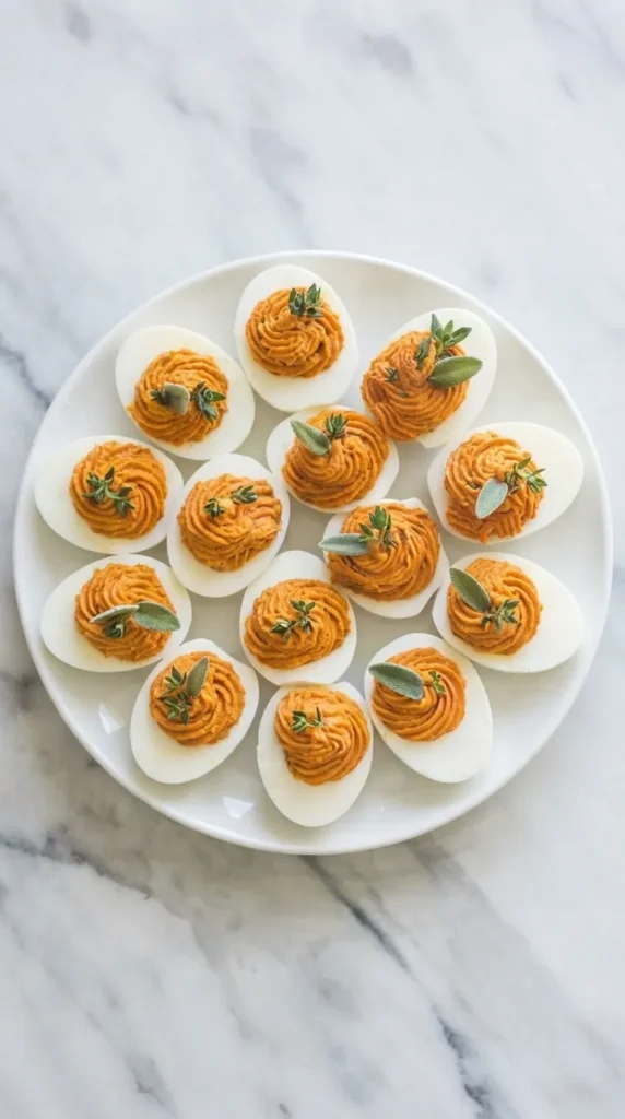 Thanksgiving Appetizer Deviled Eggs : Easy Holiday Magic 6 Thanksgiving Appetizer Deviled Eggs with orange paprika filling, sage and thyme on a serving platter