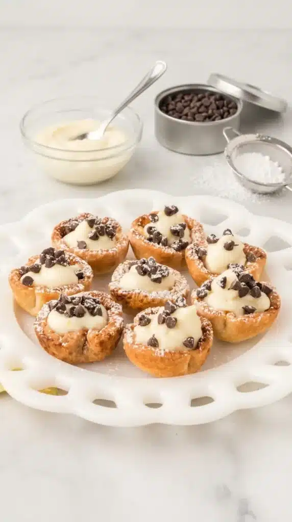 Mini Cannoli Cups with creamy ricotta filling, chocolate chips, and powdered sugar