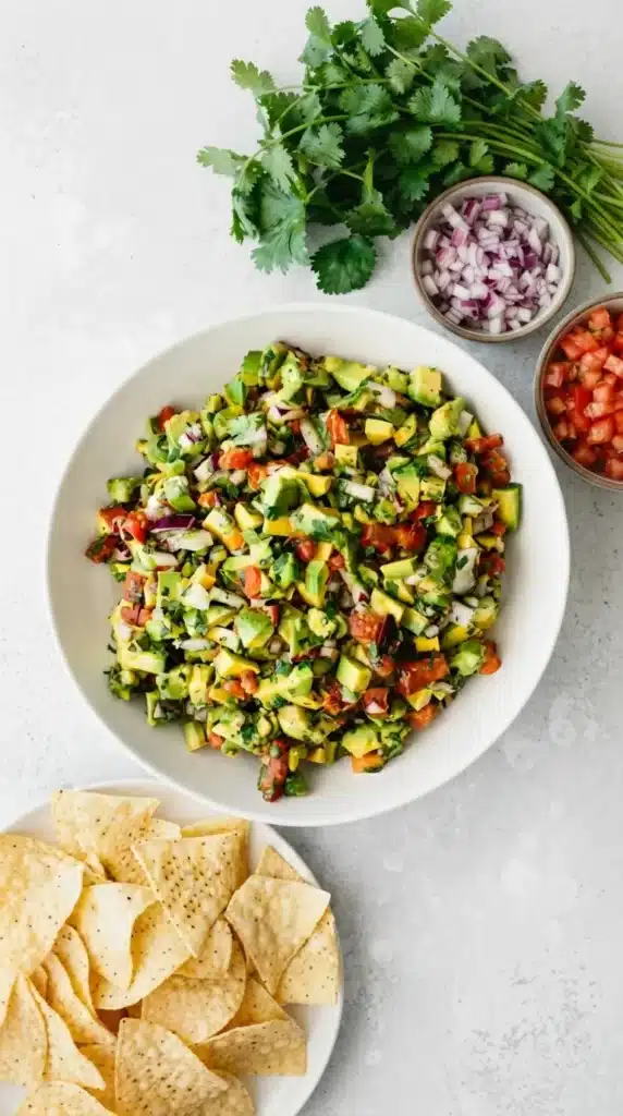 Overhead bowl of Avocado Salsa with tomatoes, red onion, cilantro, and tortilla chips