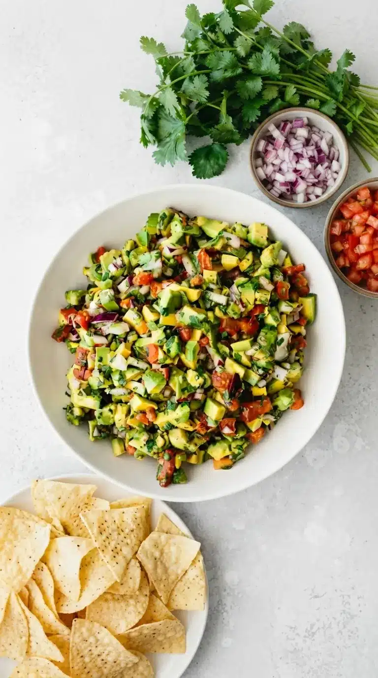 Overhead bowl of Avocado Salsa with tomatoes, red onion, cilantro, and tortilla chips