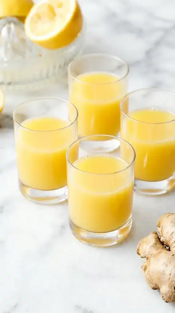 Ginger Shots: Amazing Easy Recipe for a Happy Morning 3 Two fresh homemade Ginger Shots in small glasses with lemon and ginger root on a light stone countertop