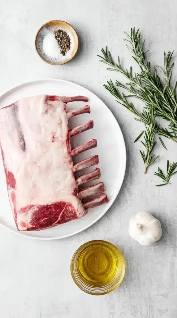 Garlic Rosemary Grilled Lamb Chops – Tender, Juicy, and Full of Flavor 5 Garlic Rosemary Grilled Lamb Chops ingredients with raw rack of lamb, garlic, rosemary, olive oil, salt and pepper