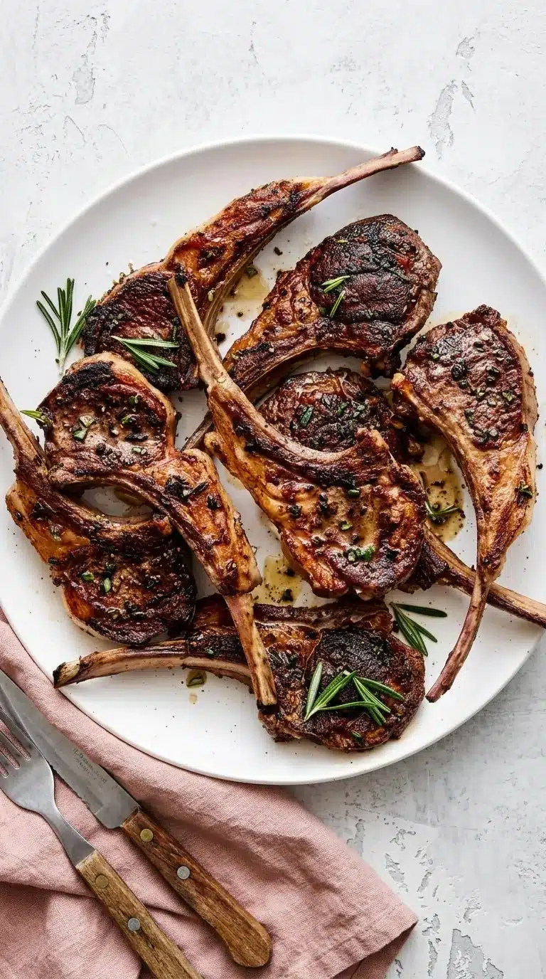 Garlic Rosemary Grilled Lamb Chops with golden seared crust, fresh rosemary, and juicy grilled meat on a ceramic plate