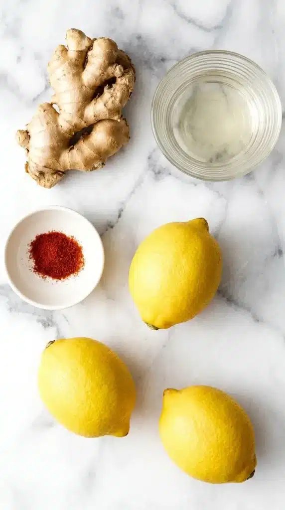 Ginger Shots: Amazing Easy Recipe for a Happy Morning 2 Fresh ingredients for homemade Ginger Shots including lemons, ginger root, coconut water, and cayenne pepper