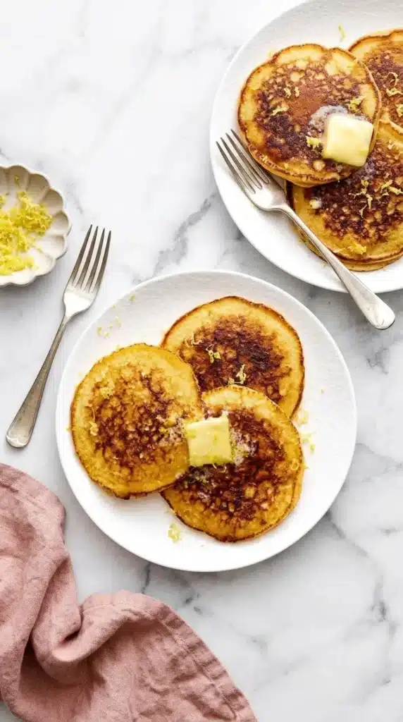 Golden Lemon Ricotta Protein Pancakes with melting butter and fresh lemon zest