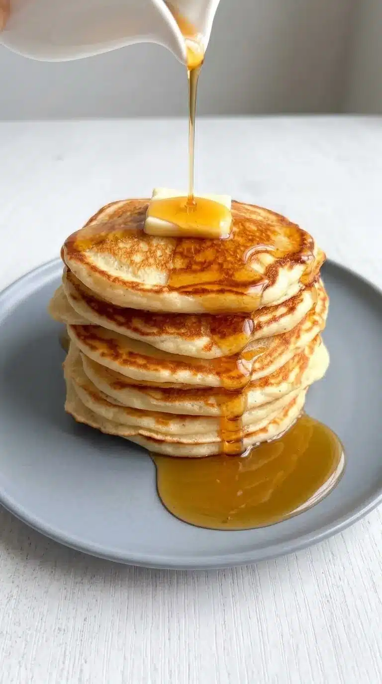 Stack of Greek Yogurt Pancakes with butter and maple syrup