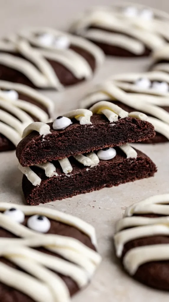 Halloween Mummy Cookies With Vanilla Buttercream 6 Halloween Mummy Cookies cut open to show a soft fudgy chocolate center