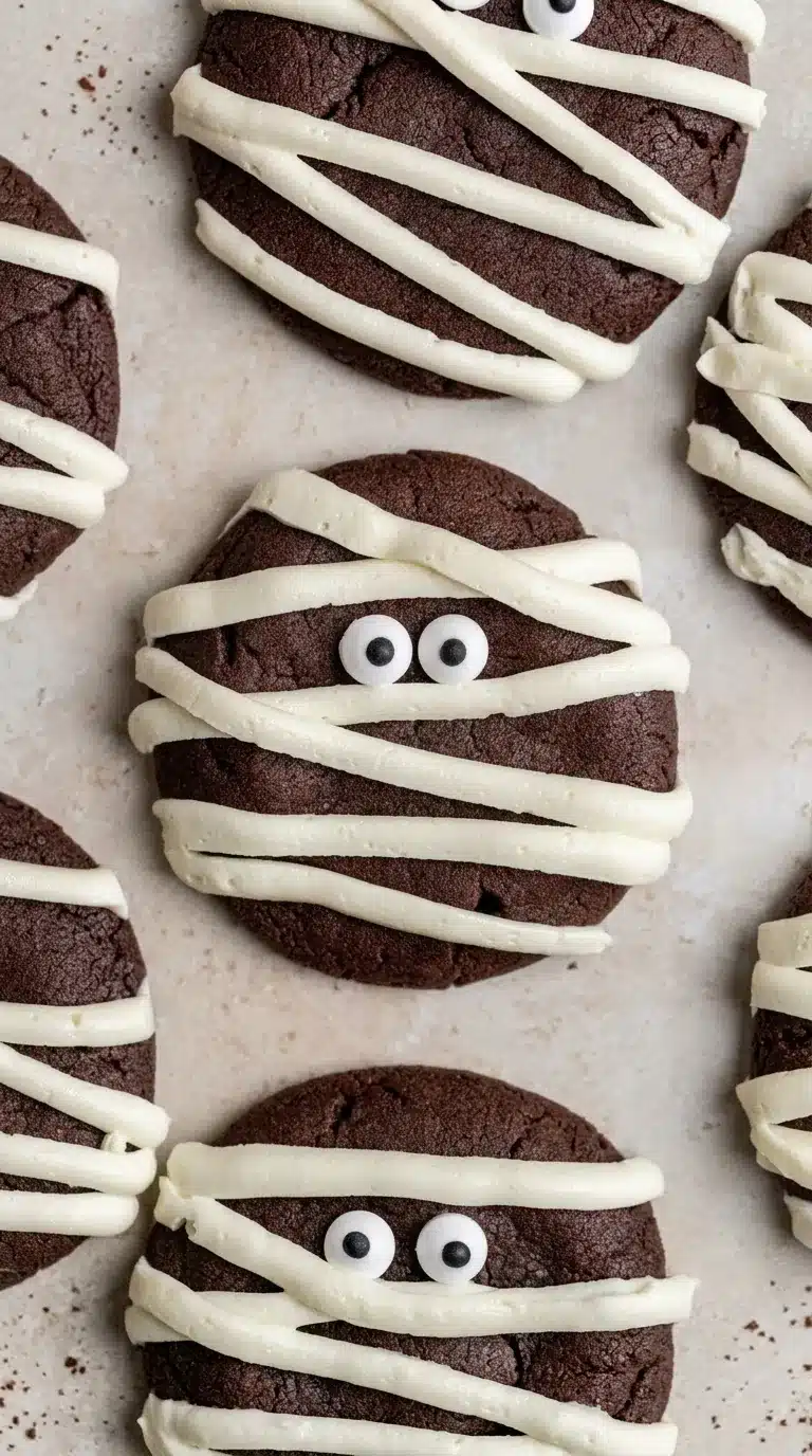 Halloween Mummy Cookies with vanilla buttercream bandages and candy eyes