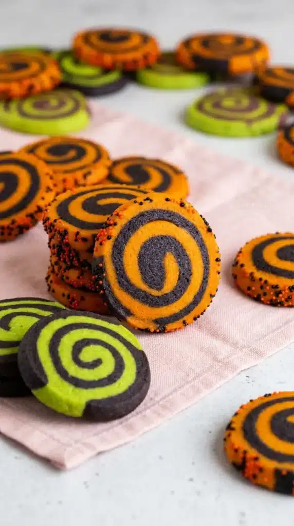Halloween Sugar Cookies with Colorful Pinwheel Swirls 4 Halloween Sugar Cookies with orange, black, green, and purple pinwheel swirls