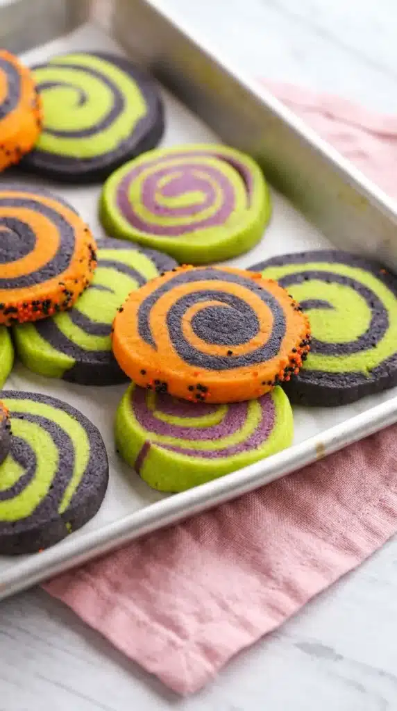 Halloween Sugar Cookies with Colorful Pinwheel Swirls 5 Halloween Sugar Cookies with colorful pinwheel swirls arranged on a baking sheet
