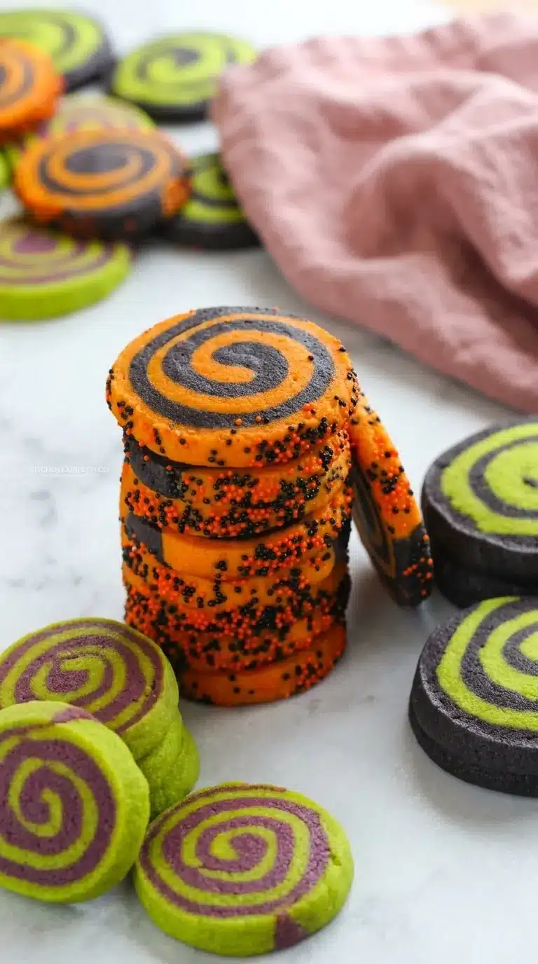Halloween Sugar Cookies with orange, black, green, and purple pinwheel swirls and festive sprinkles