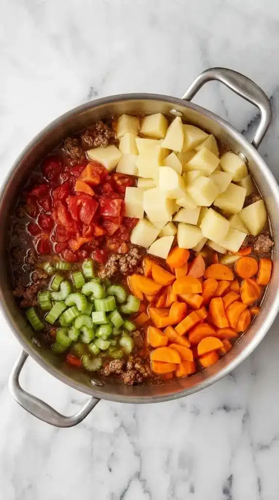 Hamburger Soup Recipe: Easy, Rich & Comforting One-Pot Meal 7 Hamburger Soup with diced potatoes, carrots, celery, tomatoes, and beef broth in a Dutch oven